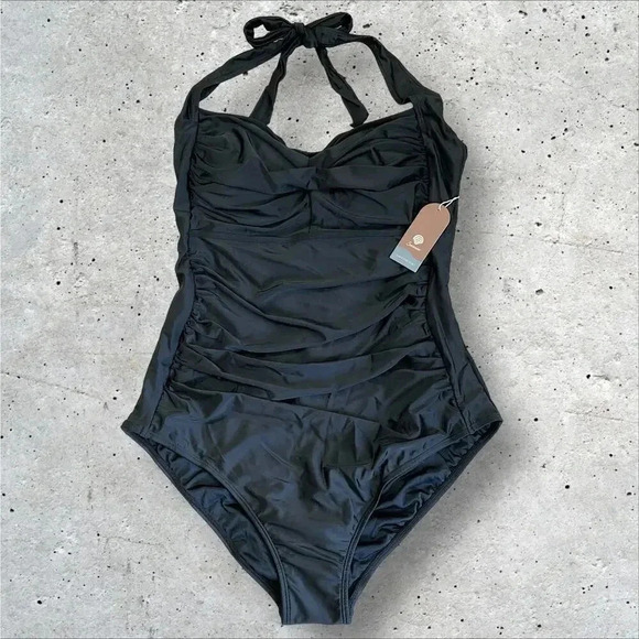 Smismivo New One Piece Swimsuit Size XXXL Black Halter Tummy Control Ruched - Picture 1 of 16